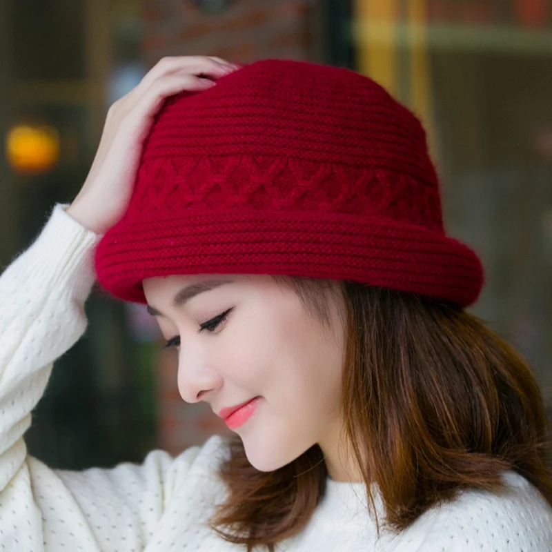 H7770 Winter Bucket Hat Women Mother Warm Thickened Rabbit Fur Knitted Fisherman Cap Elderly Grandma Elegant Outdoor Simple Caps