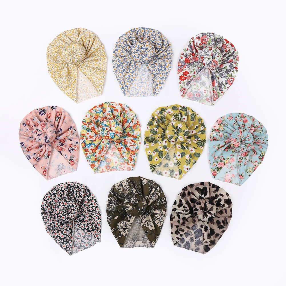 Flower Print Baby Beanies Bohemian Double Layers Folded Knotted Turban Hats Newborn Photography Props Fashion Kids Headwraps