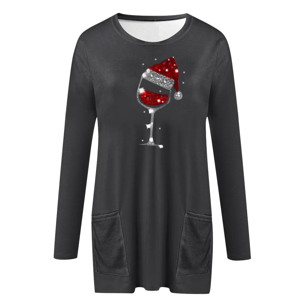 Christmas Hat Print t shirt Women's Long-sleeved Casual Lady Pullover Tops 2020 christmas clothes t-shirty damskie harajuku | Женская