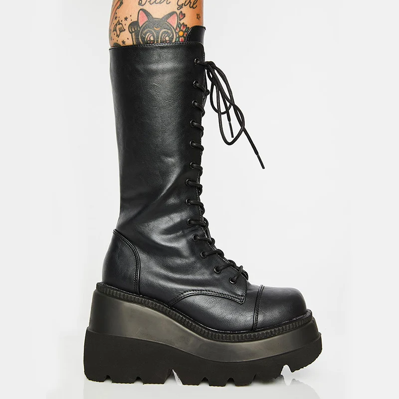 

[GOGD]2021New Big Size 41 Shoelaces Wedge High Heels Platform Tide Trendy Cool Autumn Winter Mid-Calf Boots Shoes Women Footwear