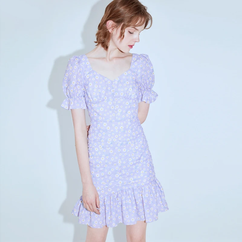 2020 летнее женское платье с квадратным воротником и пышными рукавами фиолетовое