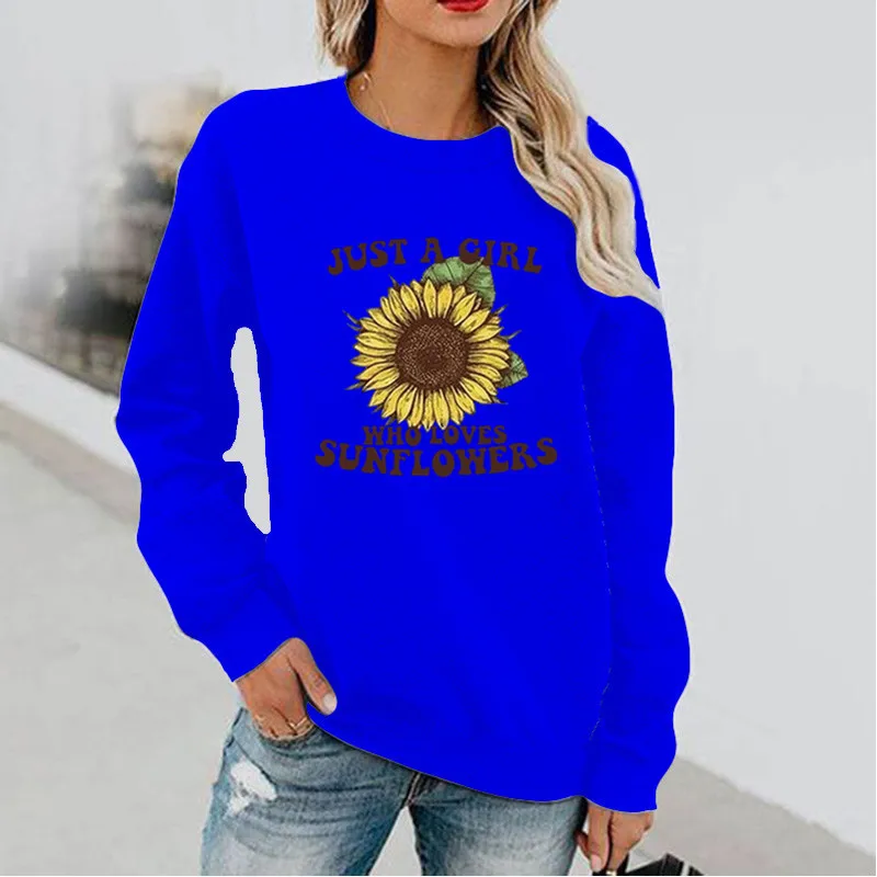 

Sunflower Fun Pattern Printed Long Sleeve Tops Round Neck Sweatershirt Letter Printing Sweatshirt Women