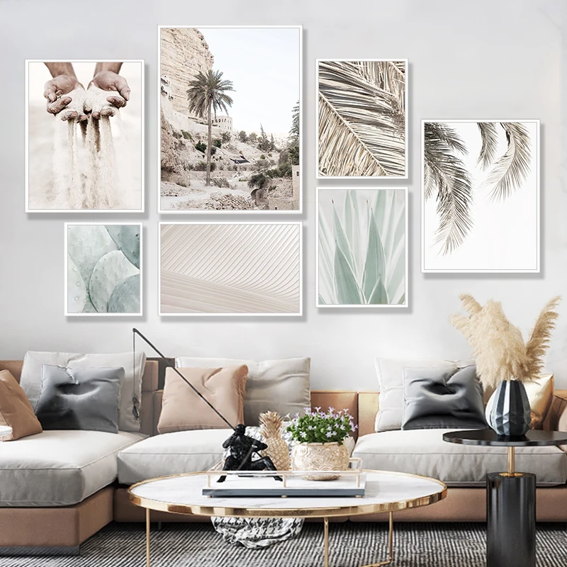 Богемный Бежевый фон с листьями пальмы Природный холст живопись модный постер