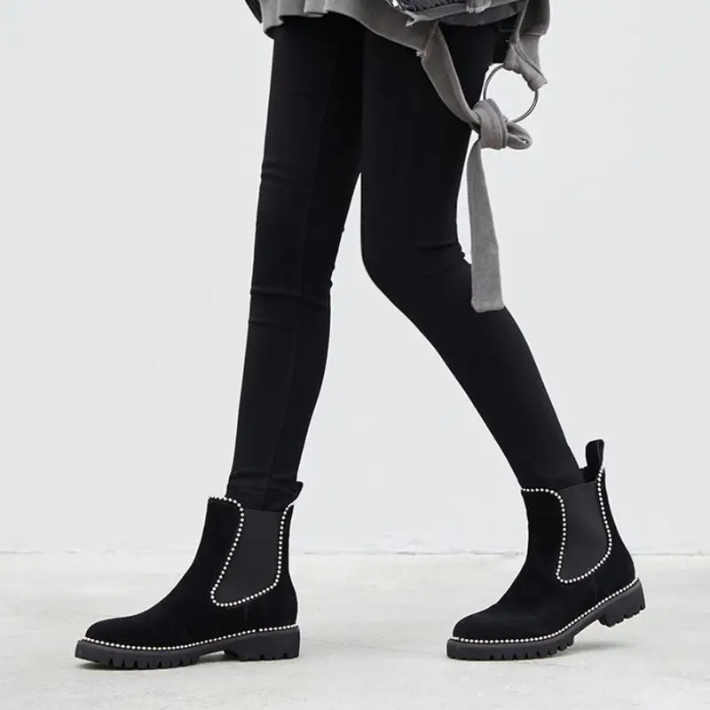 Taoffen Size 34-41 Women Genuine Leather Beads Ankle Boots Chelsea Office Work Party Casual Short Boots Flats Daily Footwear