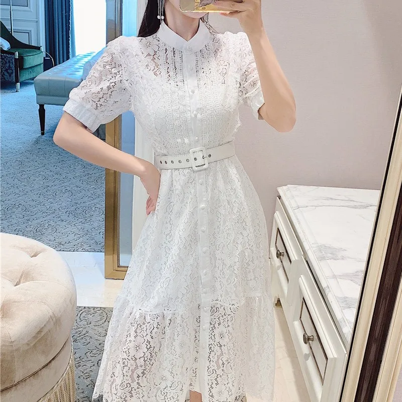 

New Arrival Summer Runway Lace Slim Single Breasted Design Elegant Dress Women's French Hollow Out Dress Vestidos De Mujer
