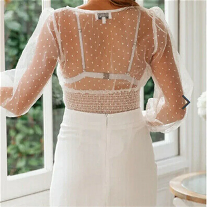 Женская Прозрачная Футболка с длинным рукавом белая футболка в горошек