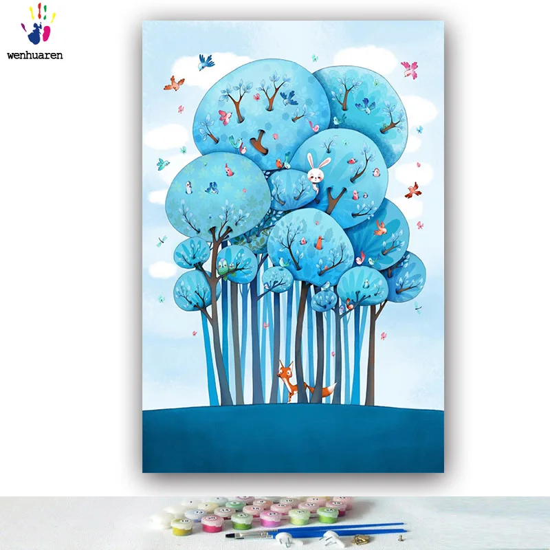 DIY картинки для раскраски по номерам с цветами лес дом животное иллюстрация