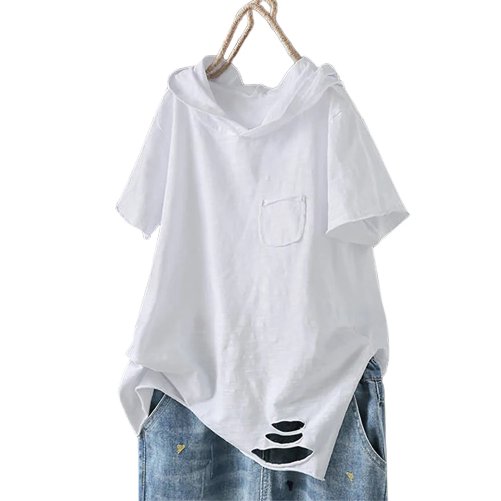 Hoodie women Street wear Casual Solid Color Short Sleeve Ripped Giraffe Print Loose Hoodie sweetshirts oversized fashion