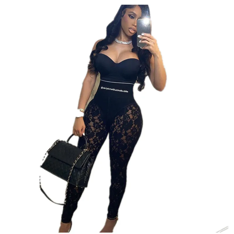 

XL Size High Waist Embroidered Letter Fitness Overall Vintage Pencil Trousers Bodycon Streetwear See-Through Zip Up Pants
