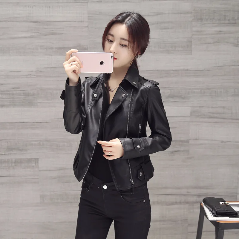 

Leather Jackets Women 2021 Spring Autumn Rivet Zipper Motorcycle Faux Leather Coat Female Paragraph Lapel PU Jacket