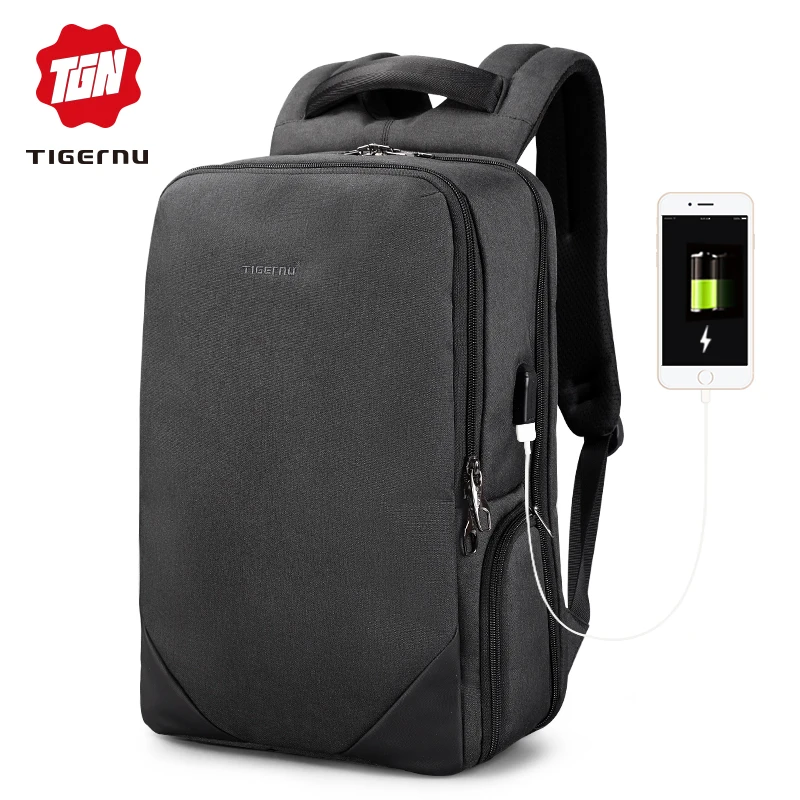 Tigernu мужской 15.6 ноутбук рюкзак USB зарядка рюкзаки мужчины женские брызгозащитные противоугонные рюкзак школьный подросток - Цвет: Black grey 15.6inch