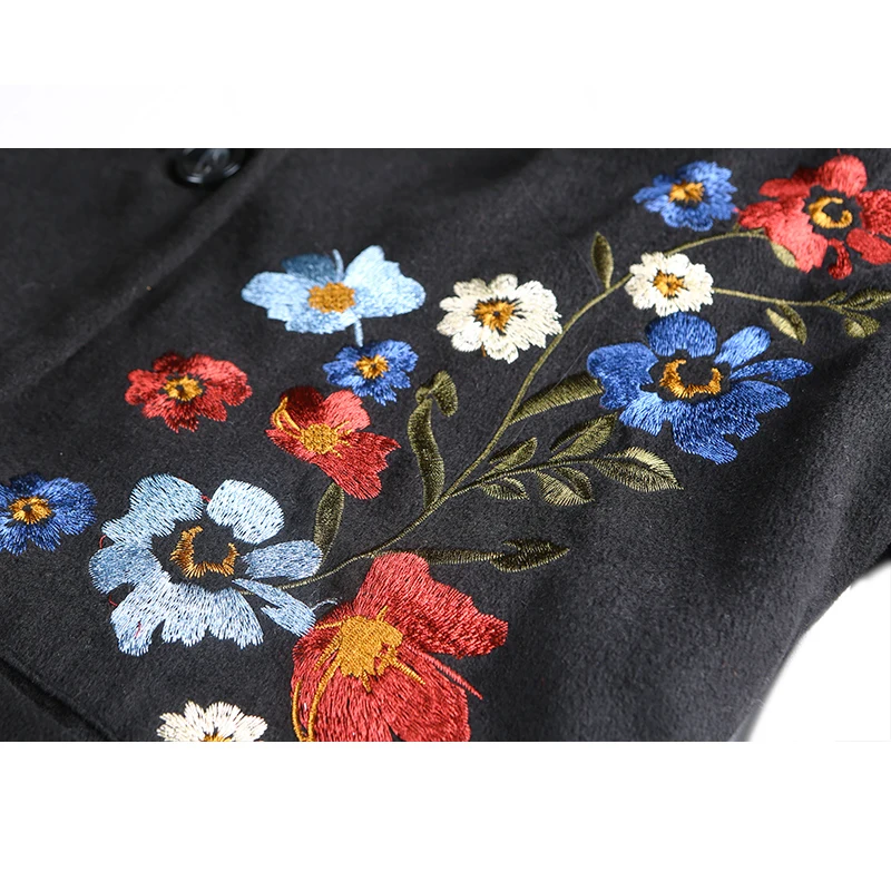 

2020 Autumn Winter New Women Brief Casual Ultra Loose Black Woolen Jacket Ladies Elegant Luxury Embroidery Warm Long Wool Coat