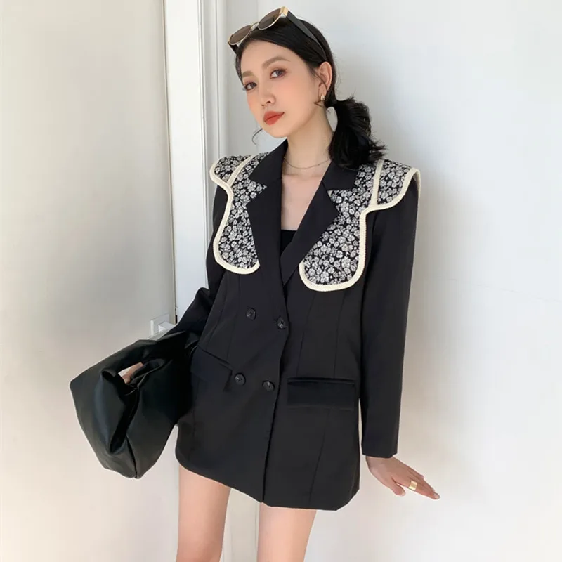 Платье женское двубортное с длинным рукавом модный костюм черного цвета