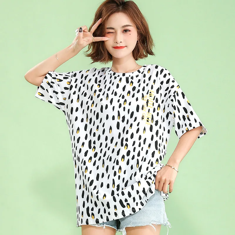 

Новинка 2021, кавайная Летняя женская футболка, свободная футболка с коротким рукавом, Женская хлопковая леопардовая женская футболка, футбо...
