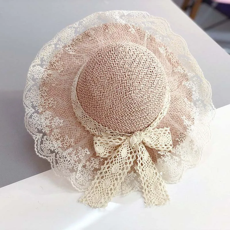 

2021 New Summer Lace Flowers Cap Toddler Kids Girl Hats Breathable Straw Hat Elegant Sun hat Lovely Infant Baby Bonnet Beach Cap