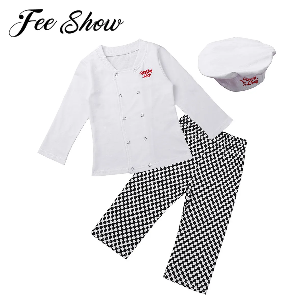 

FEESHOW Infant Baby Boys Girls Halloween Cosplay Outfits Baby Cook Chef Kitchen Uniform T-shirt Pants Hat Photography Costume
