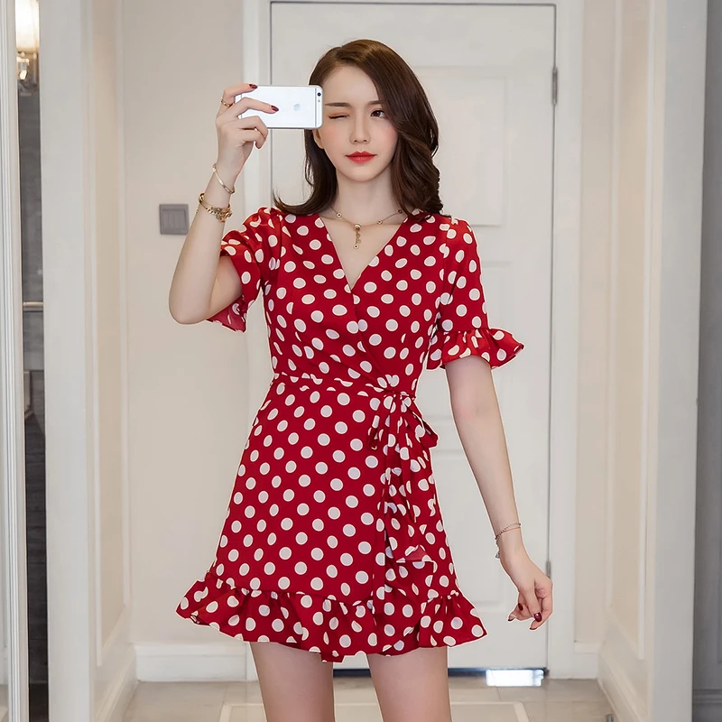 Женское винтажное красное платье в горошек Пляжное Платье на бретелях с v