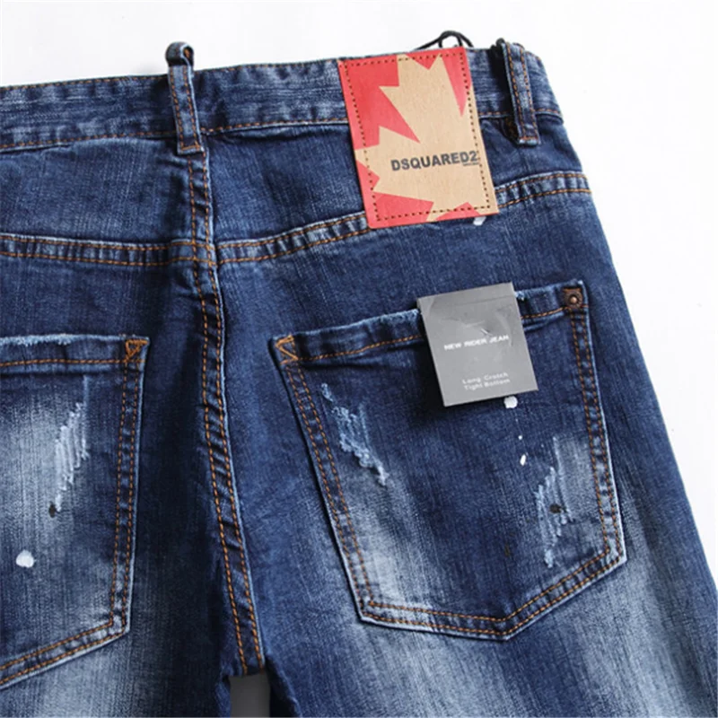 

New European Style mens dsq brand Men straight denim trousers Slim Paint printing blue hole zipper jeans for D2men