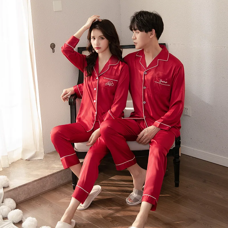

New Couple Sleepwear Silk Satin Pajamas Set Long and Short Button-Down Pyjamas Suit Pijama Women Men Loungewear Plus Size Pj Set