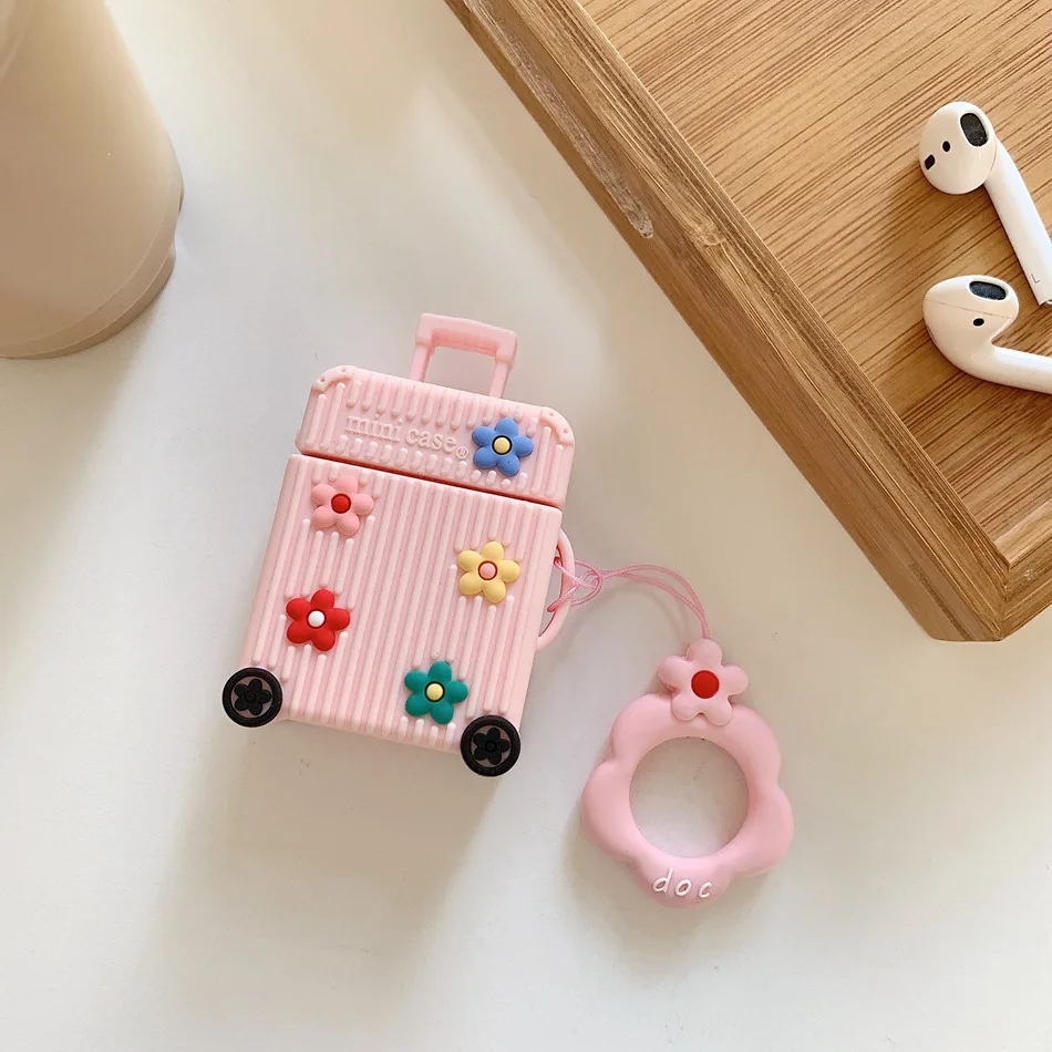Pink Flower Чехол для AirPods, Модный милый чехол, сумка для багажа, беспроводной Чехол для наушников для Apple Airpods 2, защитный чехол с кольцом, брелок - Цвет: Pink Flower