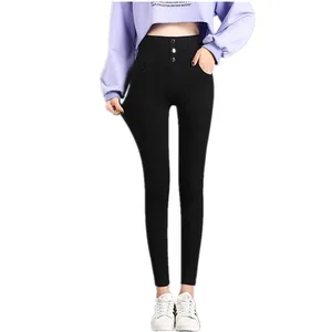 Брюки-карандаш женские с завышенной талией, черные однотонные облегающие леггинсы на 3 пуговицах, повседневные штаны на осень, P8348, 2021