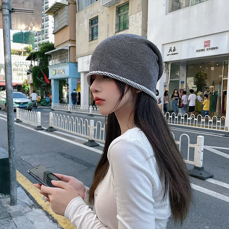 

Casual Knitted Pile hat Female Curled Wool Windproof Baotou Cold hat Net red Japanese Wild Big Head Confinement hat for Women