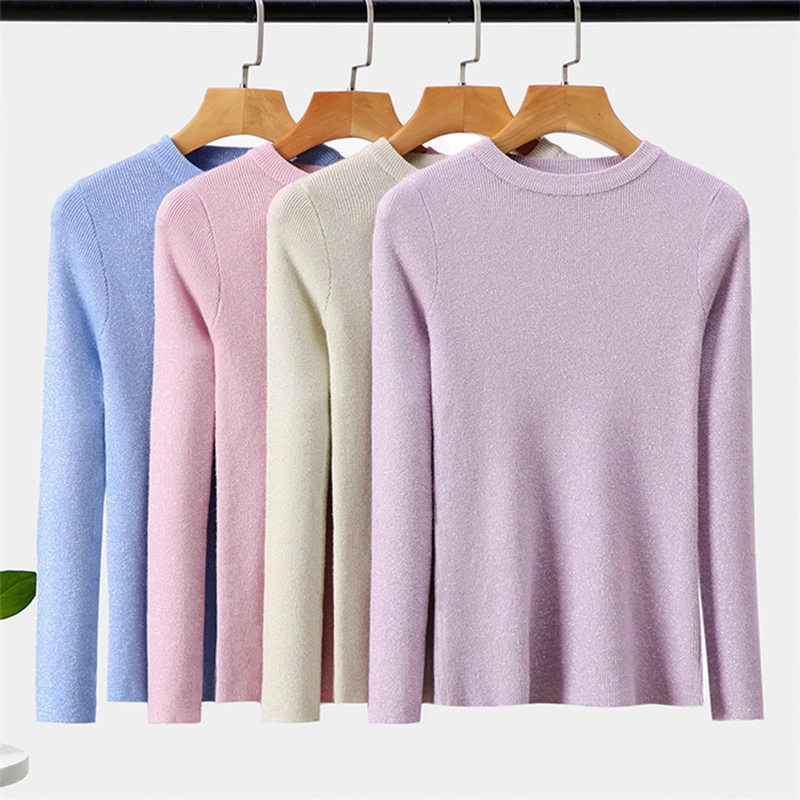 

Блестящий осенне-зимний свитер, Женский пуловер с длинным рукавом, Женские базовые свитера, женские вязаные топы в Корейском стиле для женщ...