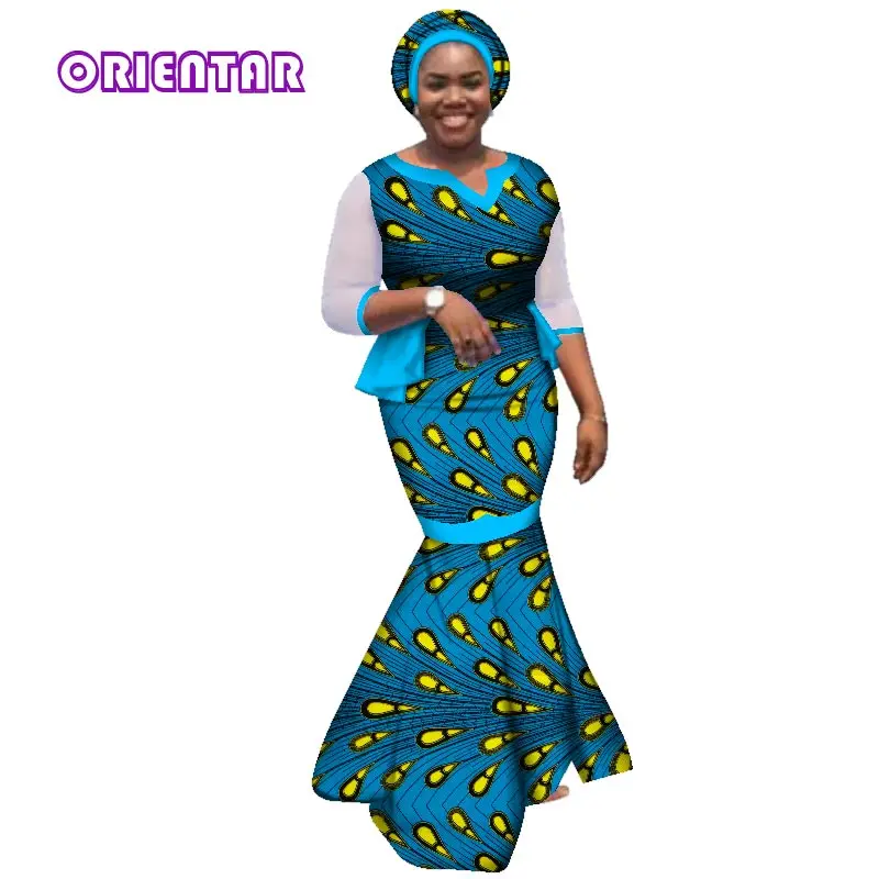 African Dresses for Women African Clothes with Headscarf Print Cotton Floor Length Dress Women Private Custom Plus Size WY2903