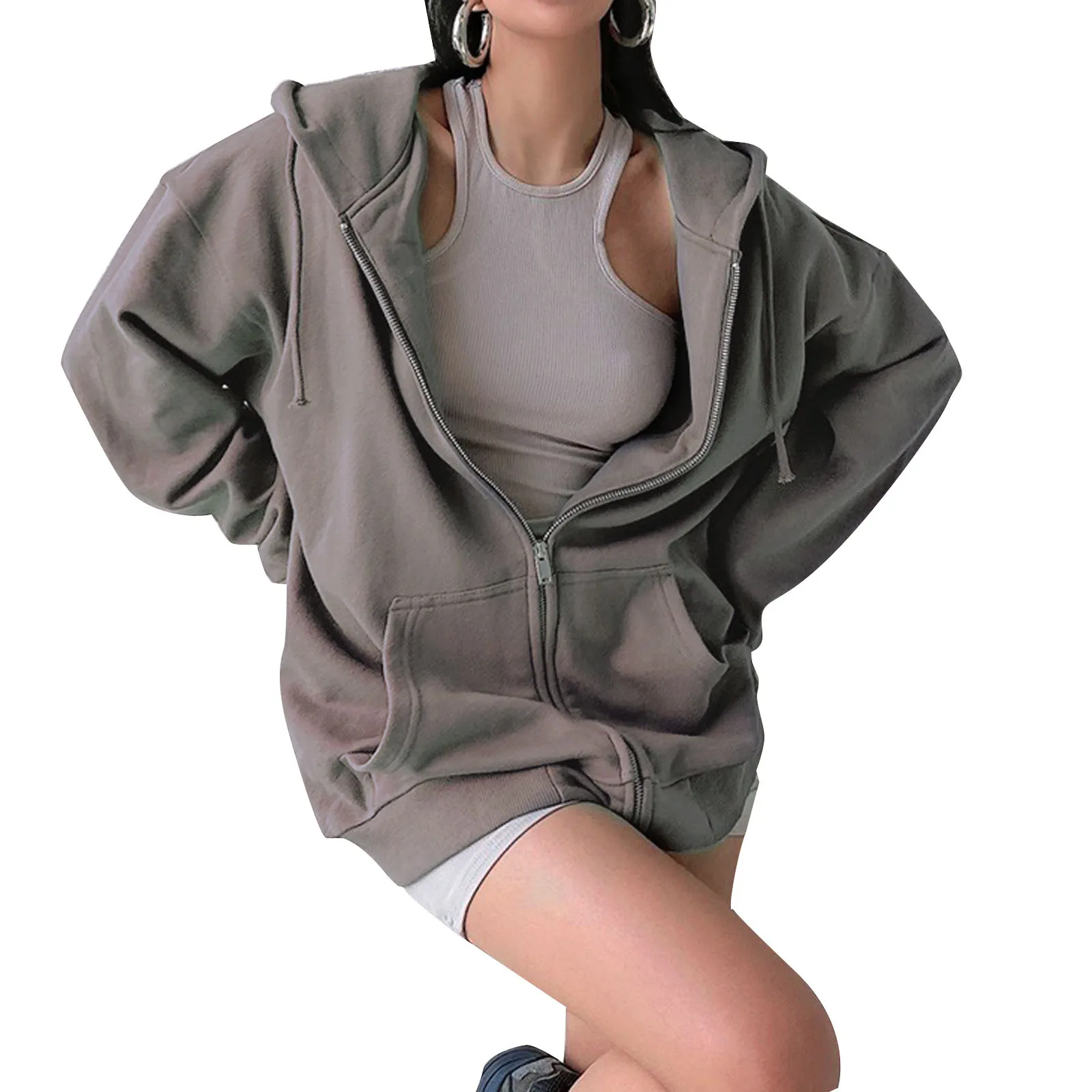 

2021 Hirigin Autumn Women\u2019s Casual Loose Zip Up Hoodie Long Sleeve Solid Color Fit Sweatshirt with Pockets