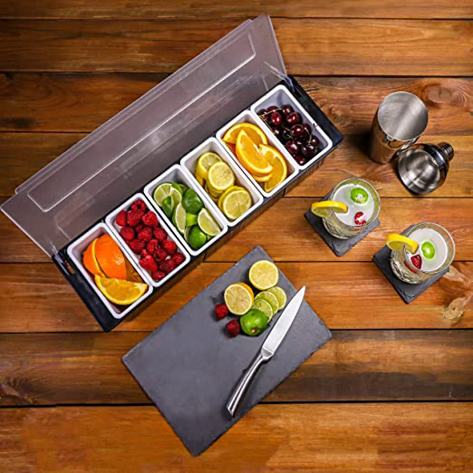 

6 Tray Plastic Fruit Boxes Garnish Station Compartment Black Condiment Holder Multifunctional Kitchen Accessories