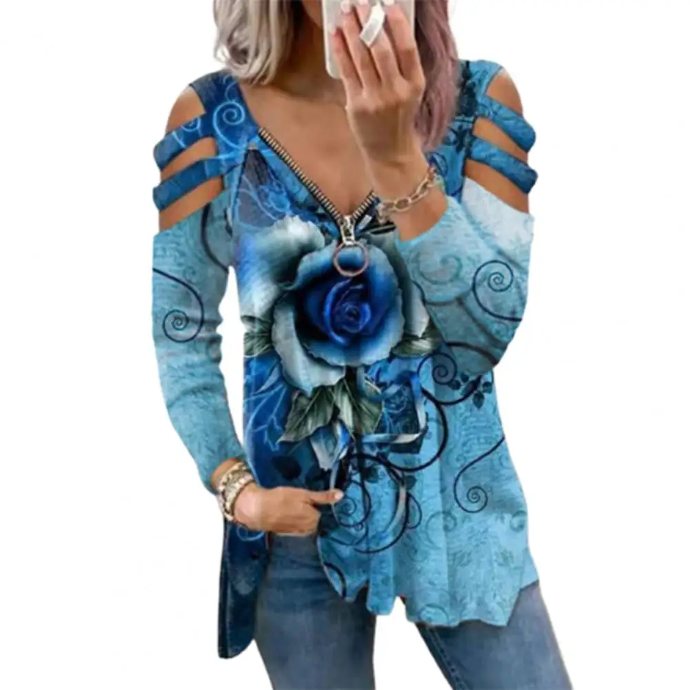 

Plus Size 4XL Woman tshirts Rose Print Summer Hollow Long Sleeve T shirt Women Zipper V Neck femme t-shirts mujer camisetas