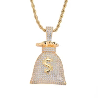 men iced out money bag pendant necklace pave aaa cubic zirconia brass gold silver color necklace hip hop jewelry