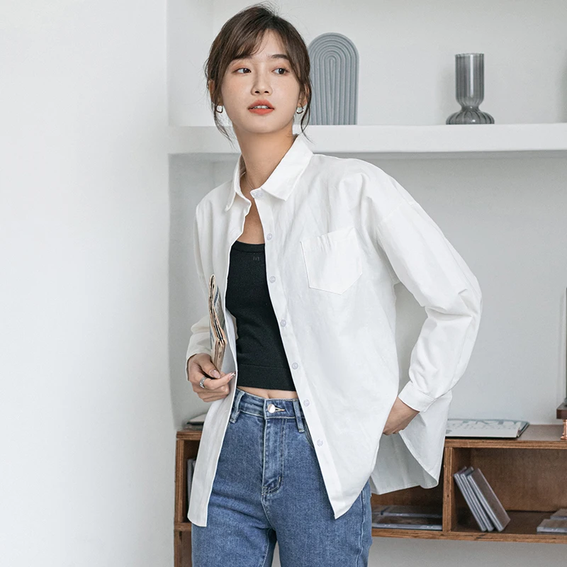 

COIGARSAM Vintage Full Sleeve Shirt Womens tops Cotton Linen Women shirts White 3151