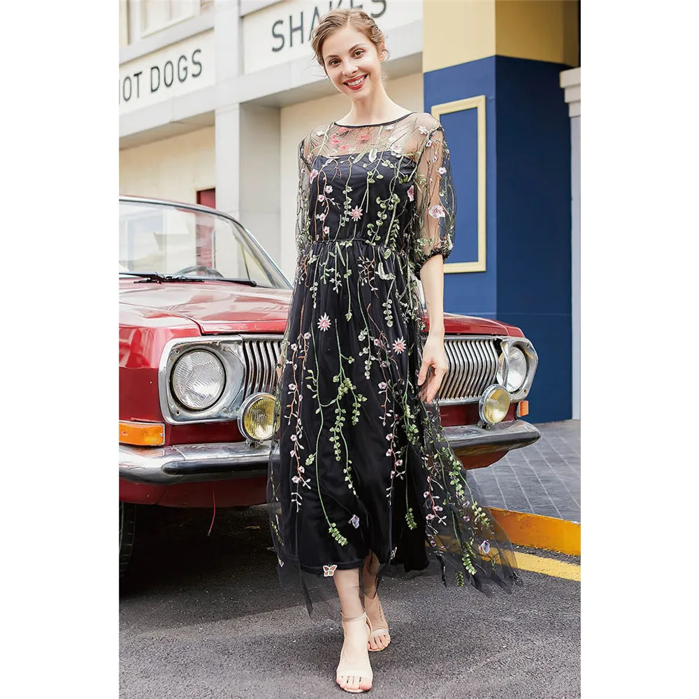 

Embroidery Party Dresses Women Floral Bohemian Flower Embroidered Vintage Boho Lace Mesh Dresses Vestido Elegant Party Evening