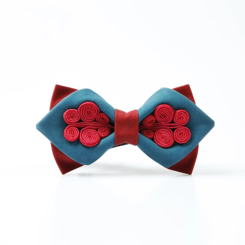 Мужской галстук бабочка темно синий винно красный в китайском стиле свадебный