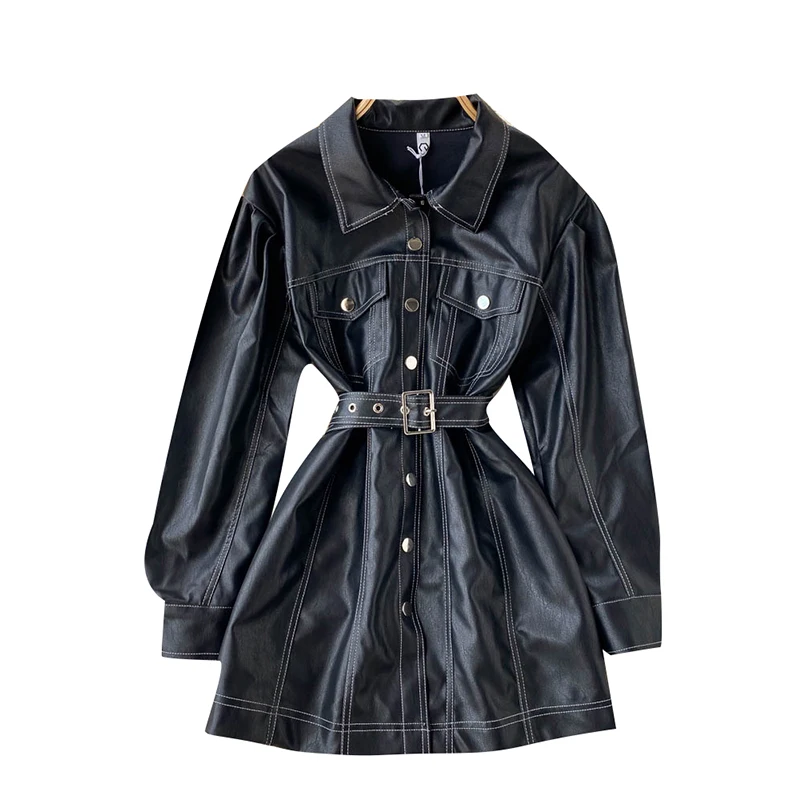 Fitaylor New Spring Autumn Faux Leather Jacket Women Fashion Single Breasted Long Sleeve Pu Dress with Belt Black Coat | Женская одежда