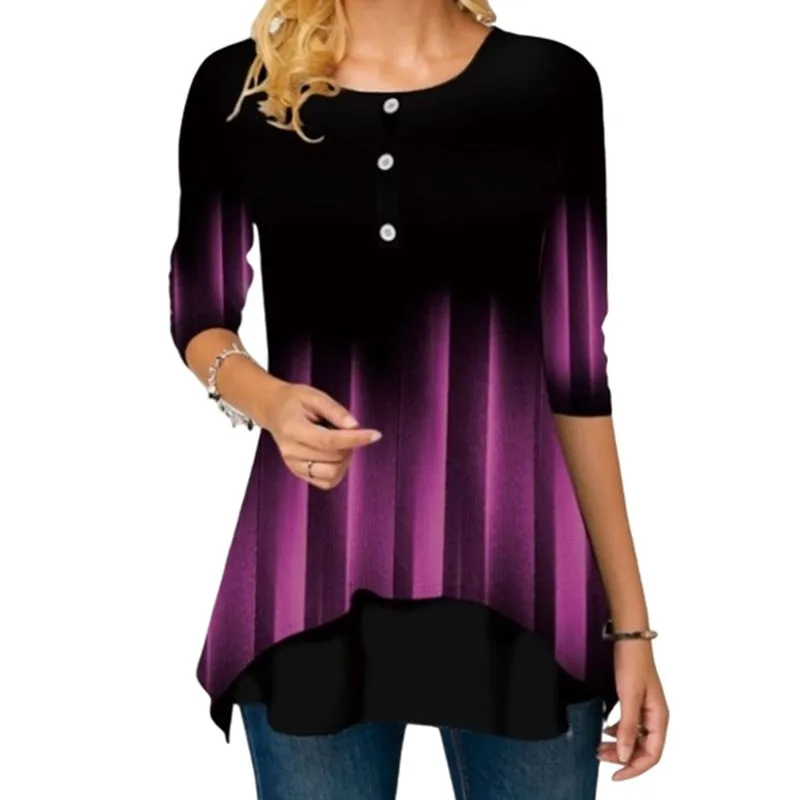 Женская длинная футболка на пуговицах с длинным рукавом и 3D-принтом большие