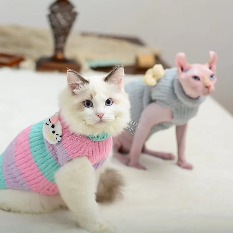 Продажа Новинка осенне-зимняя одежда для кошек Sphynx теплый синий жилет для кошек без волос классическая одежда для щенков свитер для домашних животн...