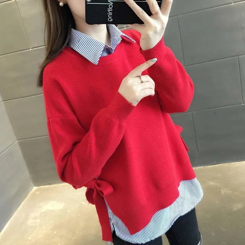 

Spring Autumn Women Sweaters Long Sleeve Blouse Shirt Women Tops Casual Striped Patchwork Two Pieces Women Blouses Loose Sweater