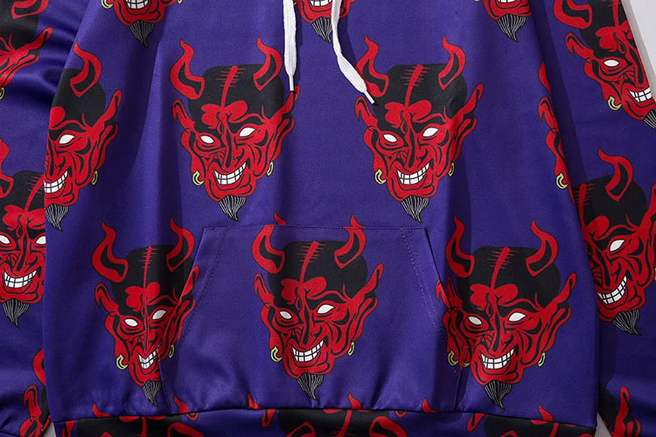 Bonita Vida Devil напечатаны хип-хоп толстовки для мужчин мода уличная Harajuku японский Ukiyo E Гавайский фиолетовый Свитшот