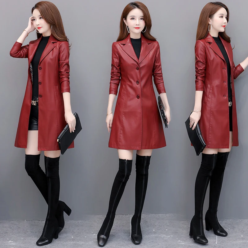

Куртка женская демисезонная из экокожи, модная ветровка средней длины в байкерском стиле, из искусственной кожи, черная красная