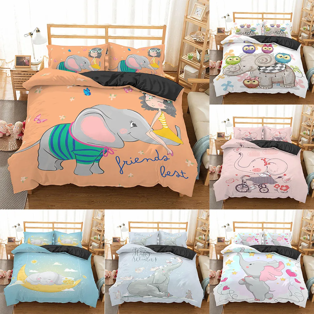 

2021 3D Cartoon Bedding Set for Kids Pink Elephant Duvet Cover Set King Queen Size Quilt Cover Bedclothes Comforter Cover