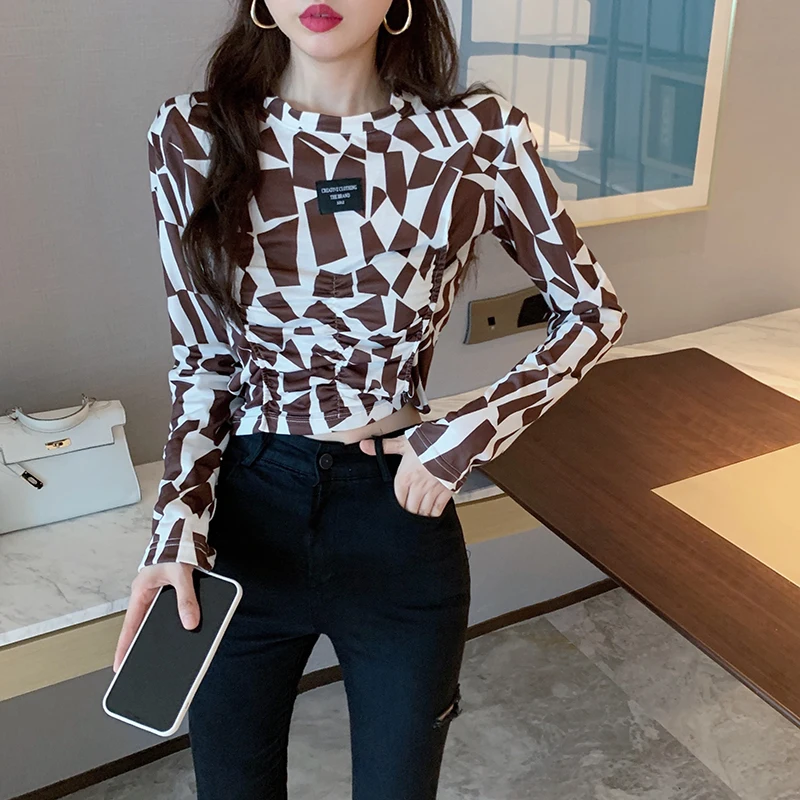Autumn Women Vintage Long Sleeve Printing T-Shirt Female Slim Bodycon Short Top Casual Streetwear | Женская одежда