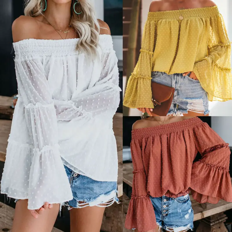 Женская шифоновая блузка с открытыми плечами рубашка рукавами-фонариками лето