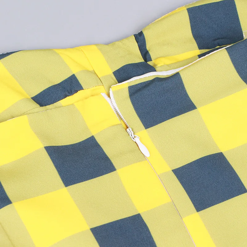 

Yellow Plaid Print Women Dress Elegant Sexy One-Shoulder Ruffles Dresses M3911