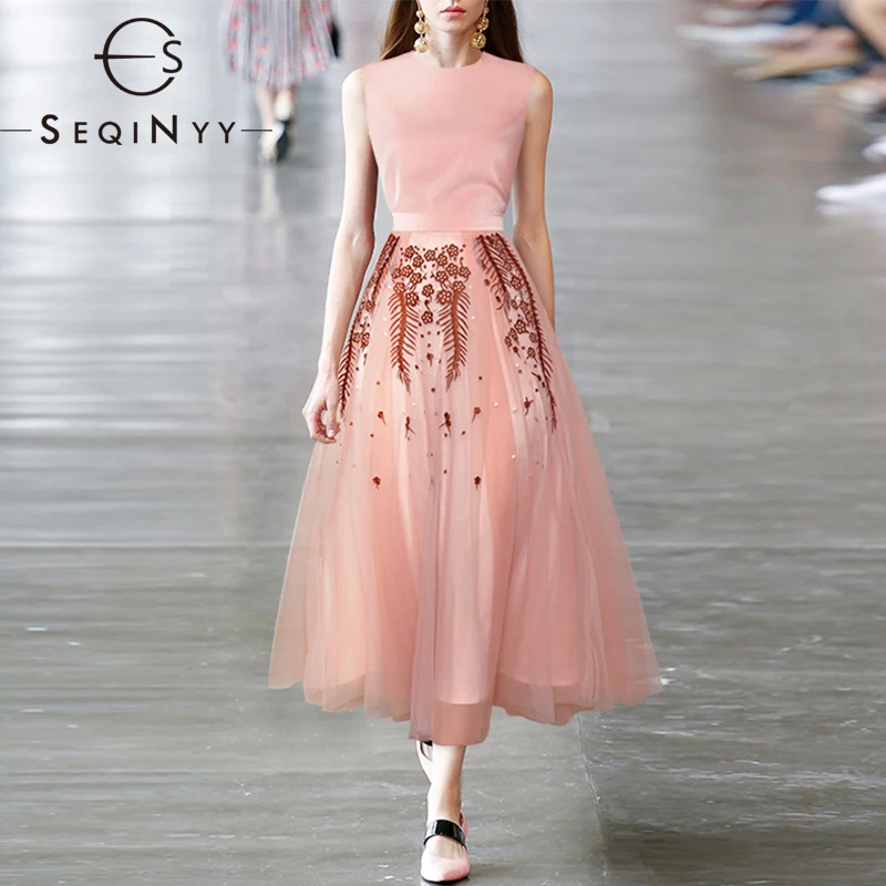 

SEQINYY Elegant Set Party Summer Spring New Fashion Design Women Runway Sleeveless Top + Embroidery Flower Mesh A-Line Skirt