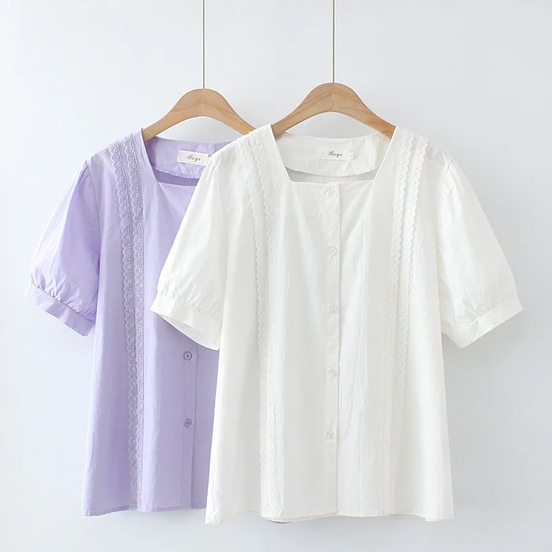

Summer Casual Short Sleeve Embroidery Loose Shirts Women Cotton Blouses Female Vintage Streetwear Plus Size XXXXL Tops Blusa