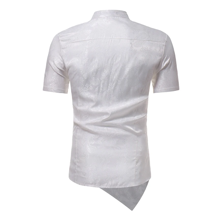 

New Men's Wear Summer Short Sleeve Irregular Hem Design Stand Collar Shirt Fitness Printed Man Shirt Fashion Clothes Top Shirt