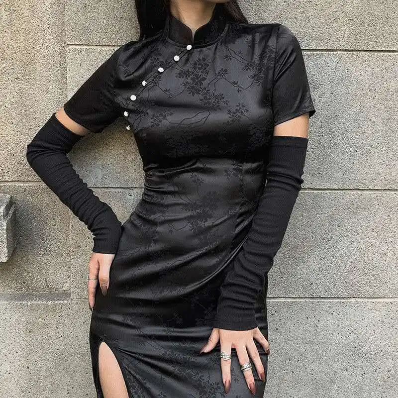 Женское облегающее платье Ципао в китайском стиле длинное черное с воротником