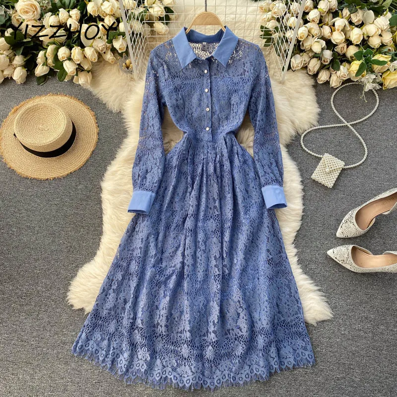 

YIZZHOY Spring Autumn Elegant Party Dress Women French Lace Dress Retro Turndown-Collar Long Sleeve Button Blue A-line Dresses